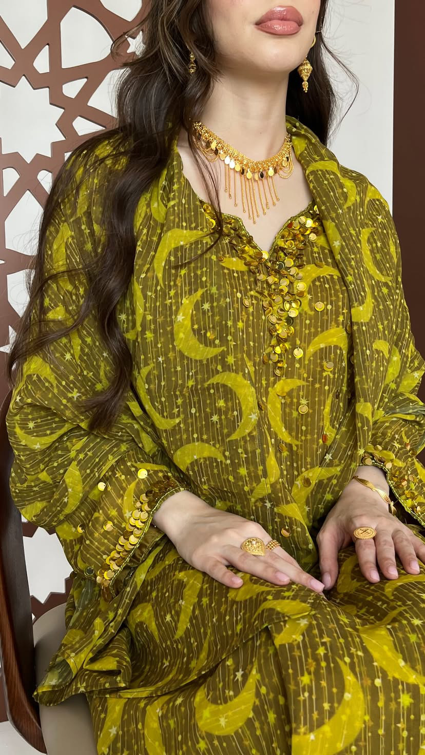 جلابية الشيفون الترتر الزيتوني