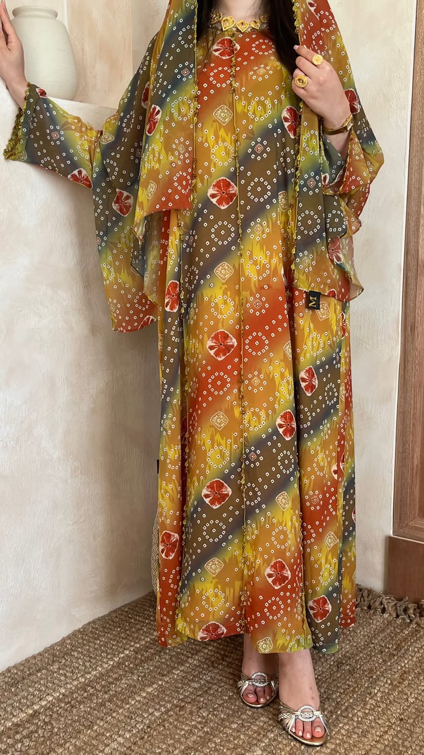 جلابية شيفون بالكورشيه أصفر