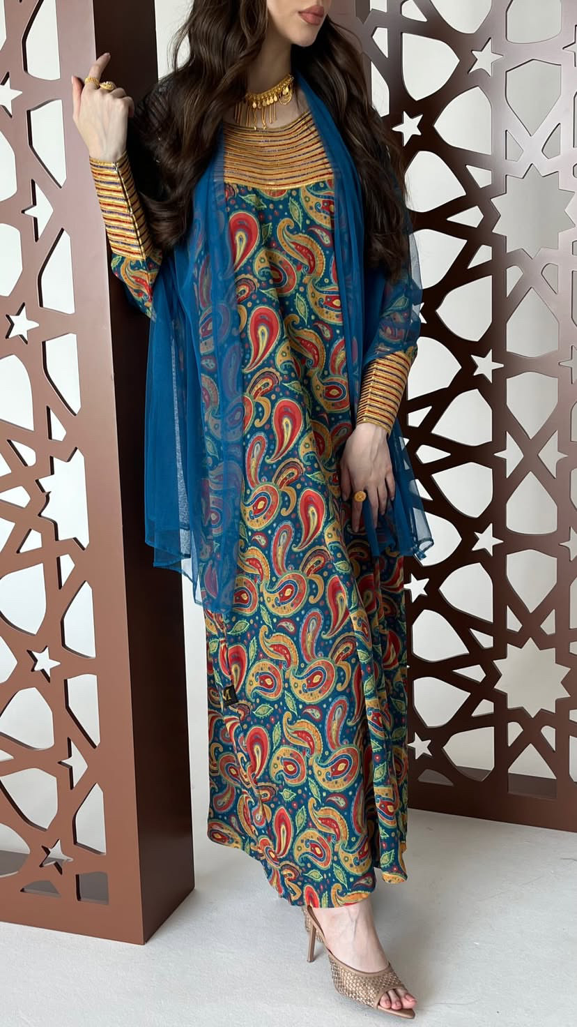 جلابية شيفون الكاجو بالتلي الأزرق